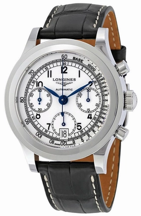 LonginesHeritage Automatic Chronograph Stainless Steel Black Leather Strap White Dial Date Mens Watch L2.768.4.13.2