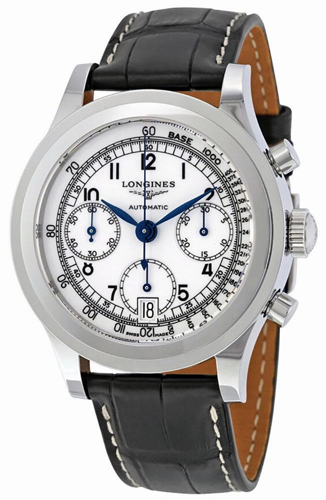 LonginesHeritage Automatic Chronograph Stainless Steel Black Leather Strap White Dial Date Mens Watch L2.768.4.13.2