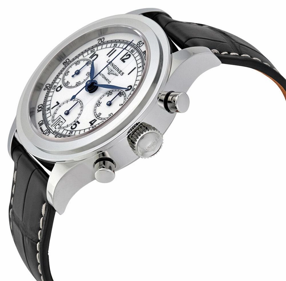 LonginesHeritage Automatic Chronograph Stainless Steel Black Leather Strap White Dial Date Mens Watch L2.768.4.13.2