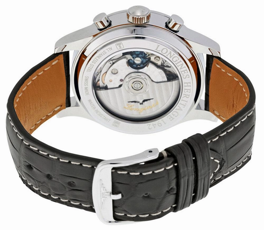 LonginesHeritage Automatic Chronograph Stainless Steel Black Leather Strap White Dial Date Mens Watch L2.768.4.13.2