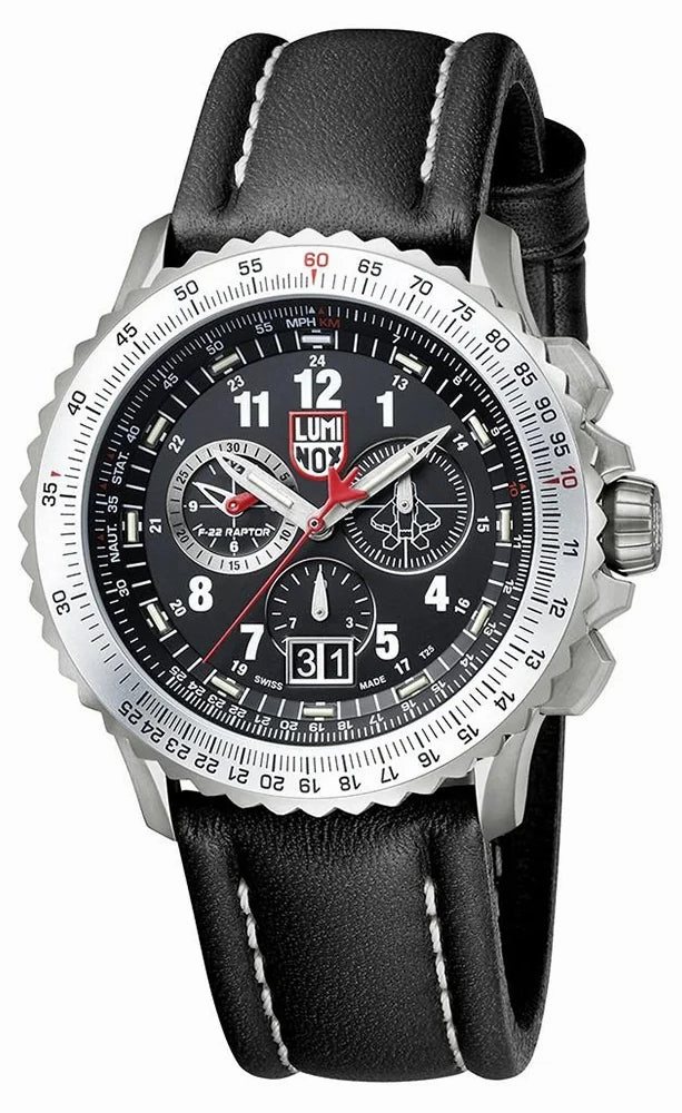 Luminox F-22 Raptor Chronograph Titanium Black Dial Black Leather Strap Date Divers Quartz Mens Watch XA.9241