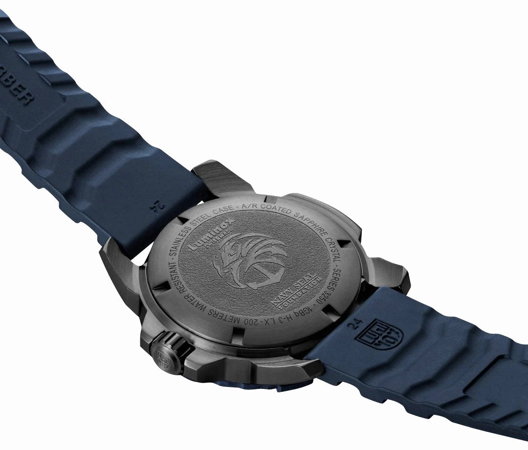 Luminox Navy SEAL Foundation Back to the Blue Black IP Steel Black Dial Blue Rubber Strap Date Divers Quartz Mens Watch XS.3255.CB.NSF