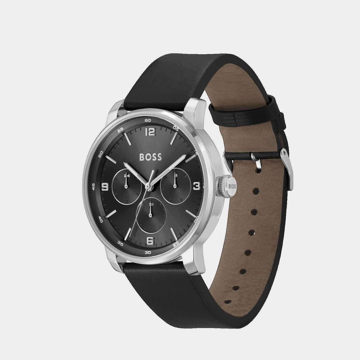 Men Quartz Black Dial Multi-Function Leather Watch 1514125