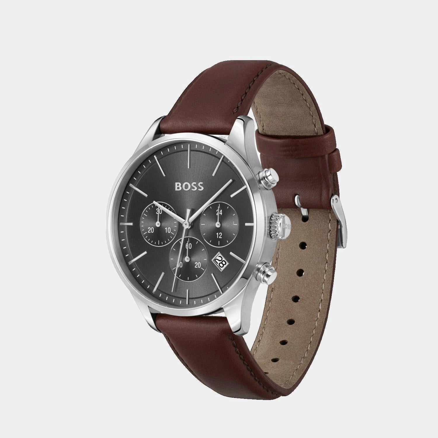 Men Quartz Grey Dial Chronograph Leather Watch 1514155