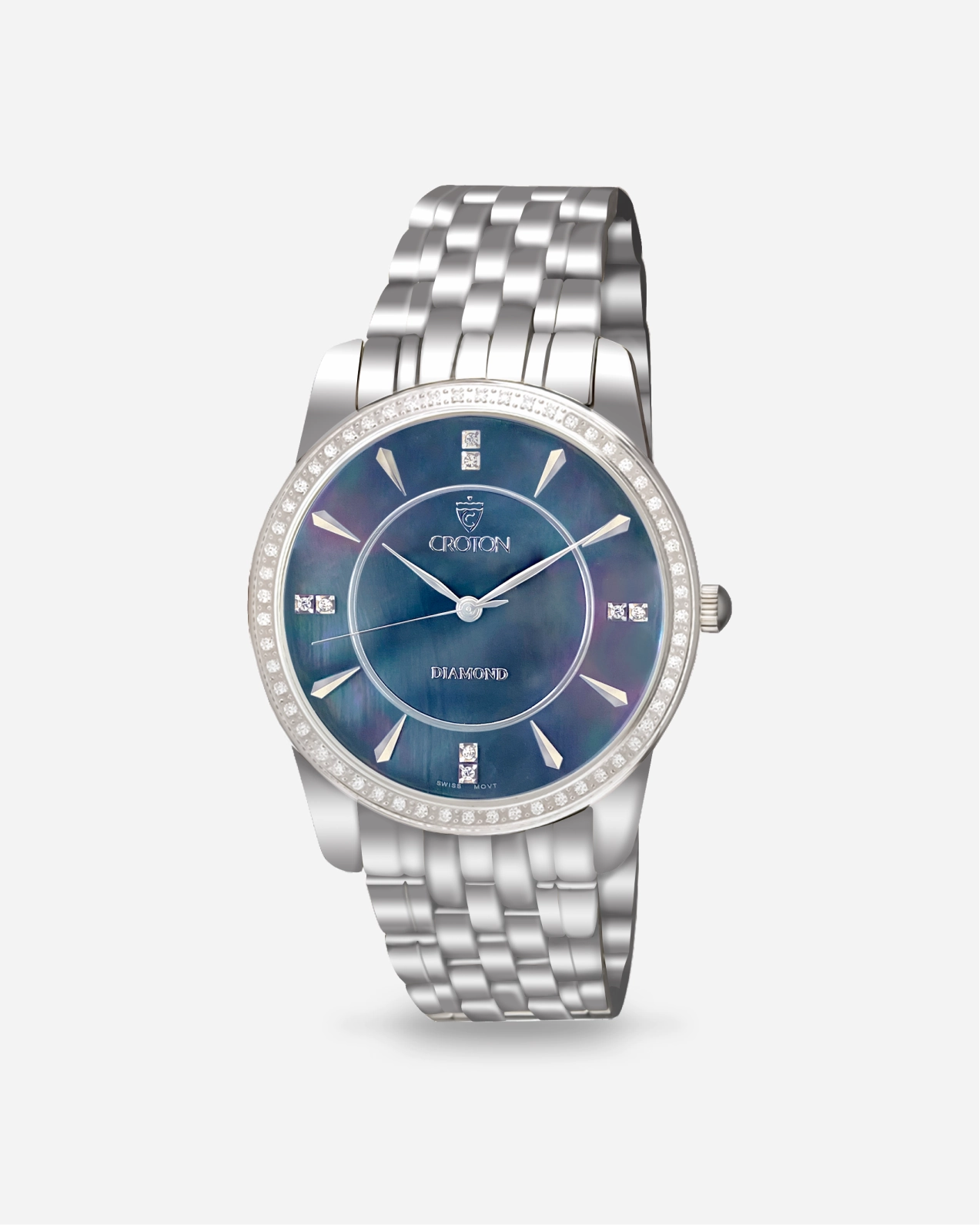 Mens Swiss Movement all Stainless Steel with Black Mother of Pearl Dial and Diamond markers