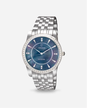 Mens Swiss Movement all Stainless Steel with Black Mother of Pearl Dial and Diamond markers