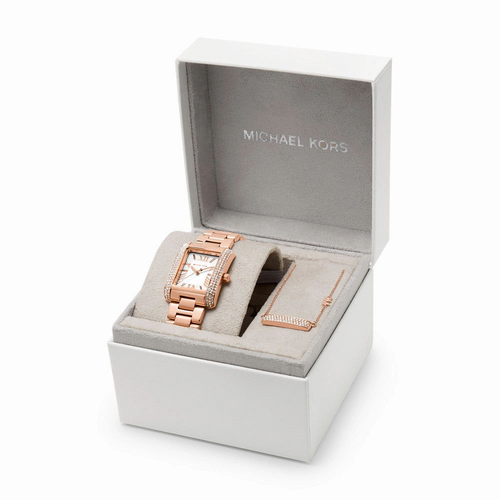 Michael Kors Emery Three-Hand Rose Gold-Tone Watch and Necklace Set MK1074SET
