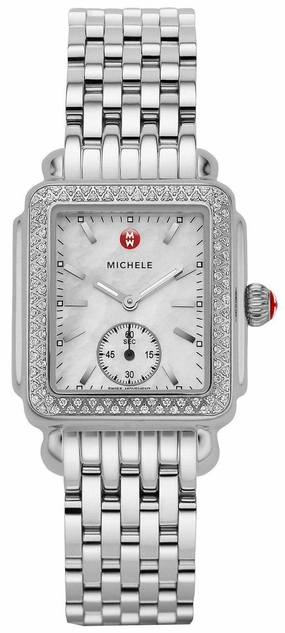 Michele Deco Mid Stainless Steel Mother-of-Pearl Dial Diamonds Rectangle Womens Watch MWW06V000001