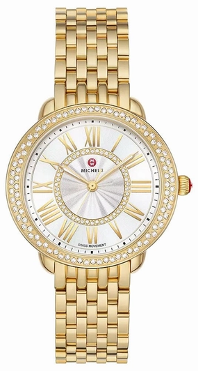 Michele Serein Mid Diamonds Silver Dial 18K Gold-Plated Steel Womens Watch MWW21B000161