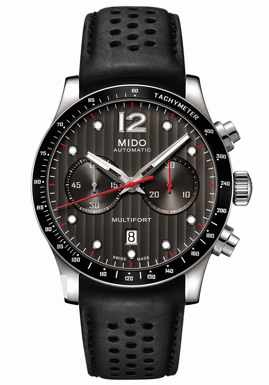 Mido Multifort Automatic Chronograph Black Leather Strap Black Dial Date Mens Watch M025.627.16.061.00