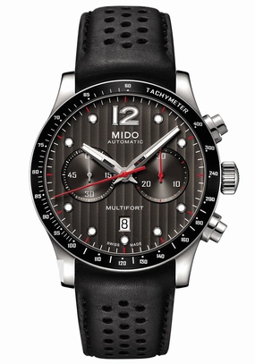 Mido Multifort Automatic Chronograph Black Leather Strap Black Dial Date Mens Watch M025.627.16.061.00