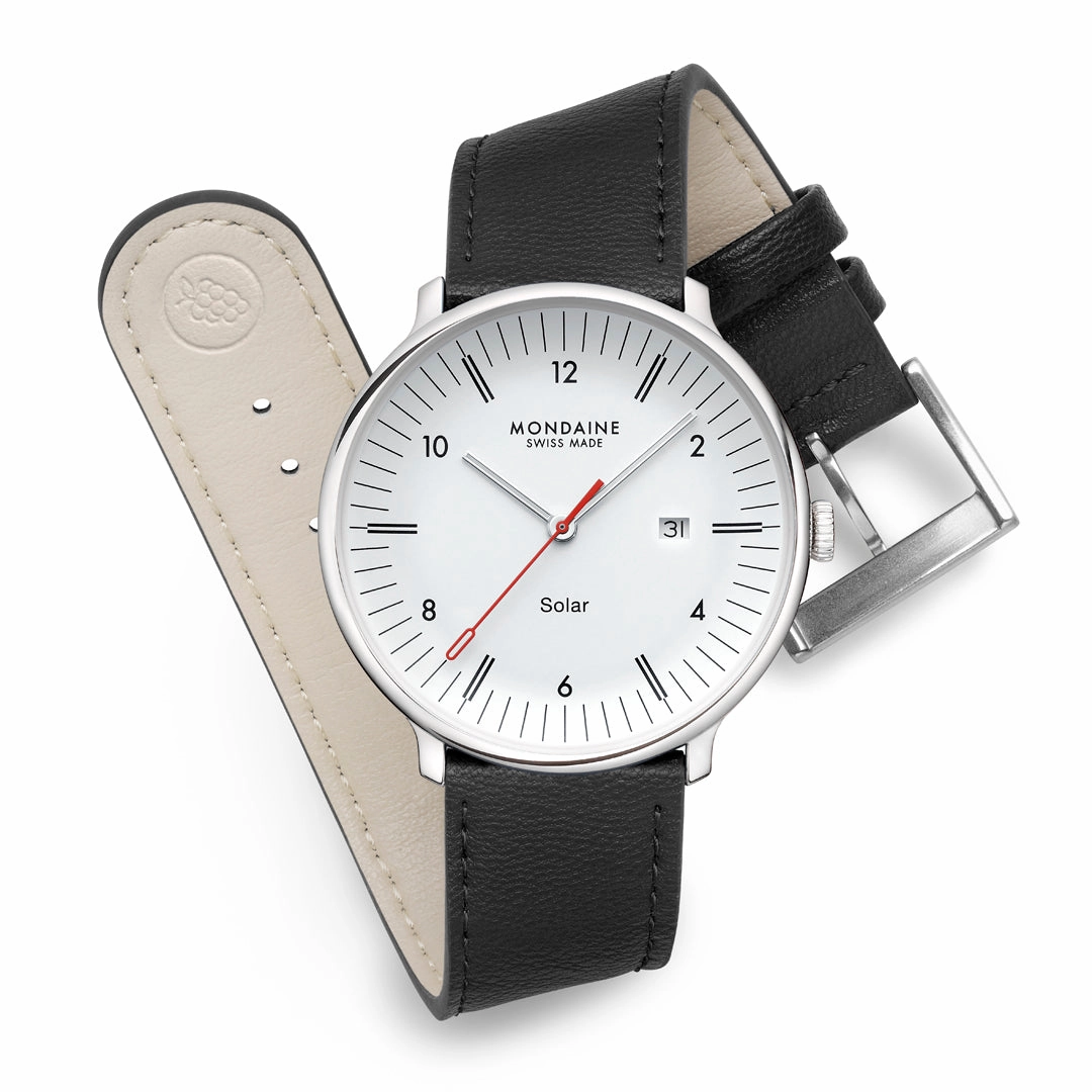 Mondaine Doppio Solar Black Vegan Leather Watch MLE.41910.LBV