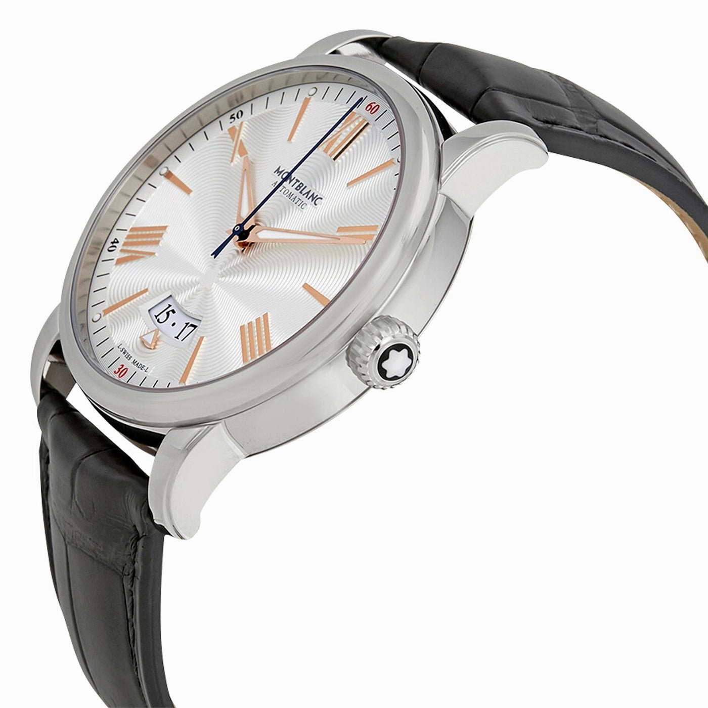 Montblanc 4810 Automatic Stainless Steel Silver Dial Black Leather Strap Date Mens Watch 114841