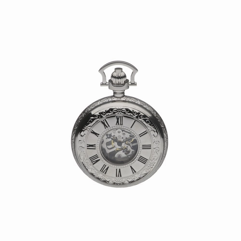 Mount Royal Chrome Plated Full Hunter Skeleton Dial Mechanical Pocket Watch MR-B42