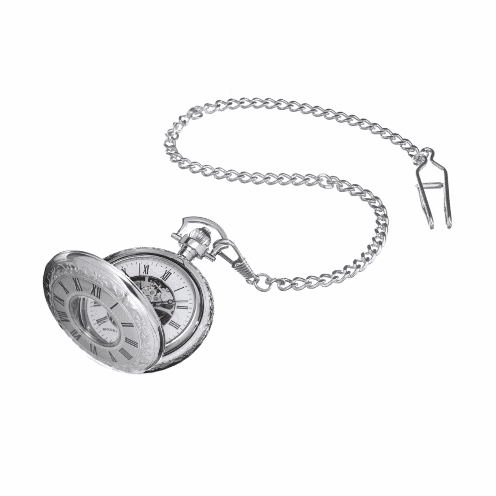 Mount Royal Chrome Plated Full Hunter Skeleton Dial Mechanical Pocket Watch MR-B42