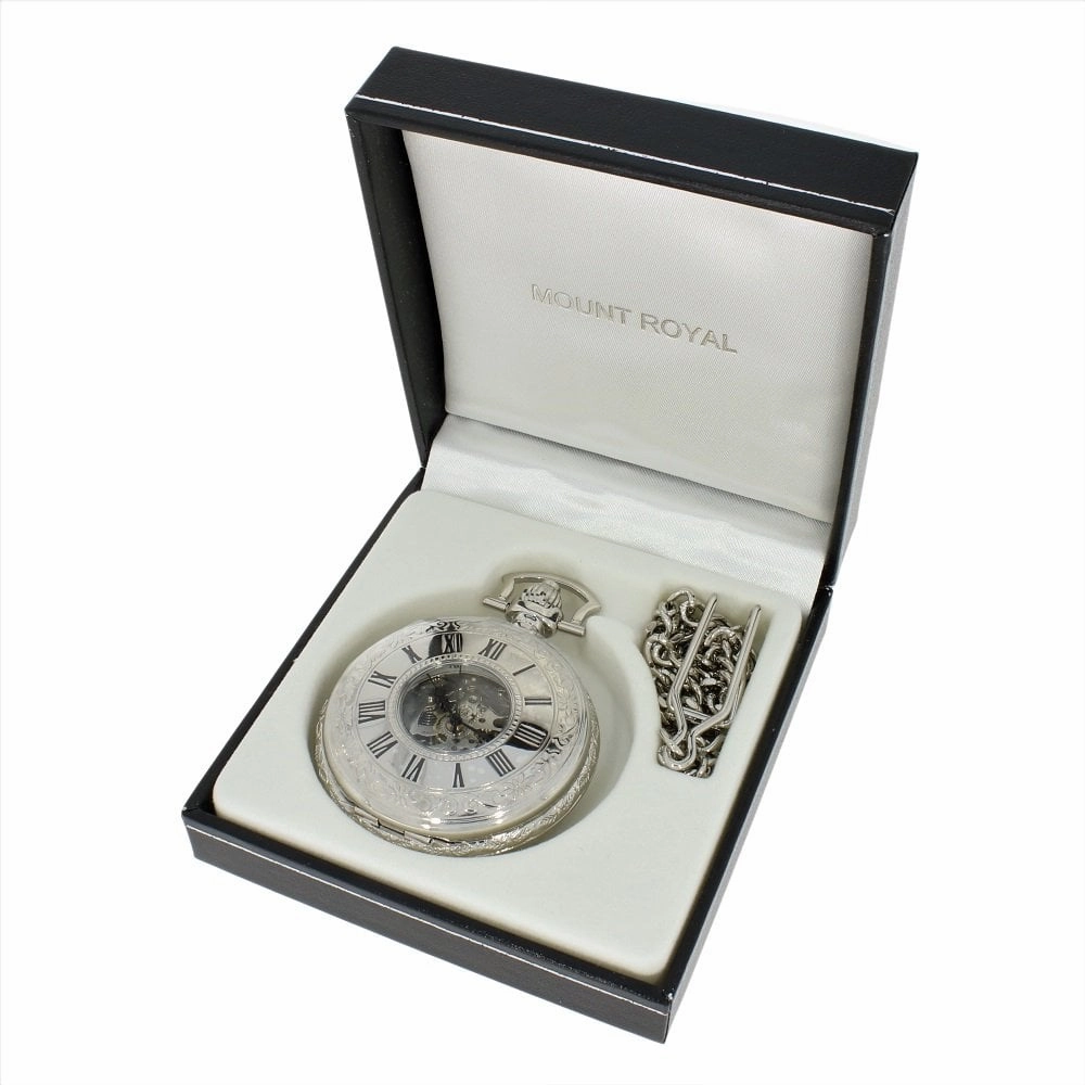 Mount Royal Chrome Plated Full Hunter Skeleton Dial Mechanical Pocket Watch MR-B42