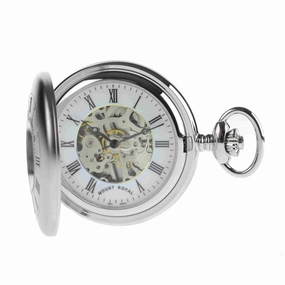 Mount Royal Chrome Plated Half Hunter Skeleton Dial Mechanical Pocket Watch MR-B26