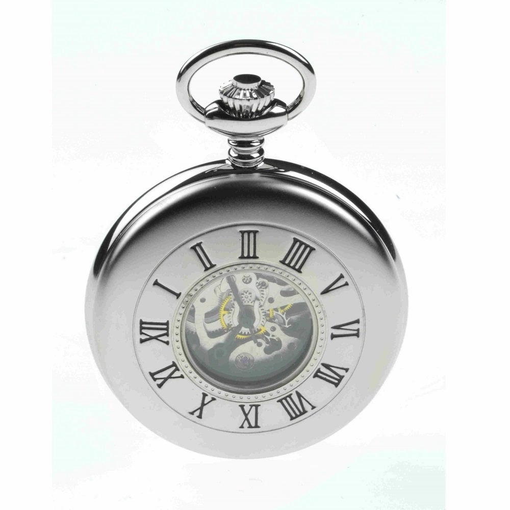 Mount Royal Chrome Plated Half Hunter Skeleton Dial Mechanical Pocket Watch MR-B26