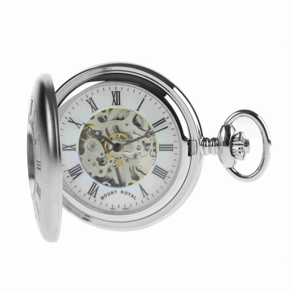 Mount Royal Chrome Plated Half Hunter Skeleton Dial Mechanical Pocket Watch MR-B26