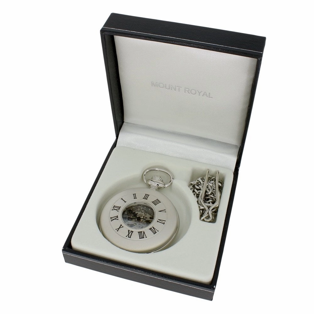Mount Royal Chrome Plated Half Hunter Skeleton Dial Mechanical Pocket Watch MR-B26
