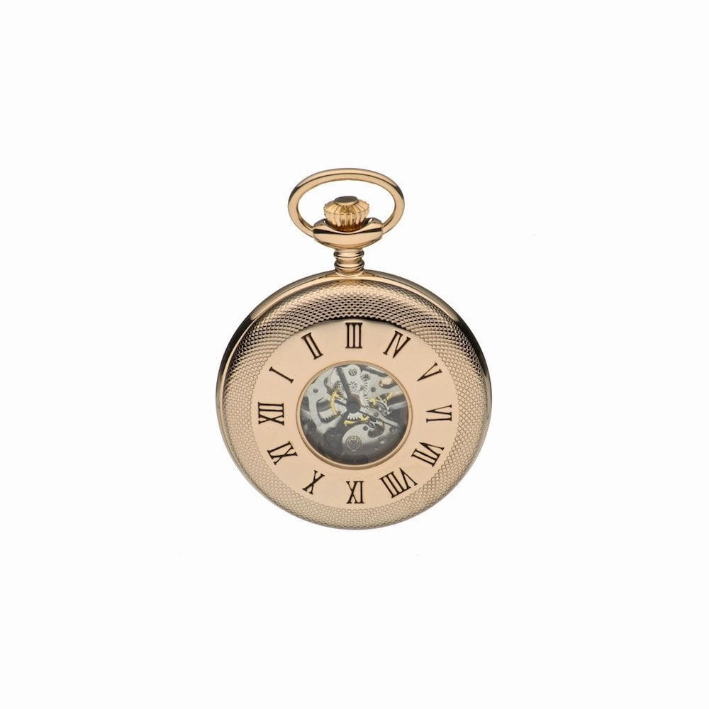 Mount Royal Rose Gold Plated Half Hunter Skeleton Dial Mechanical Pocket Watch MR-B45