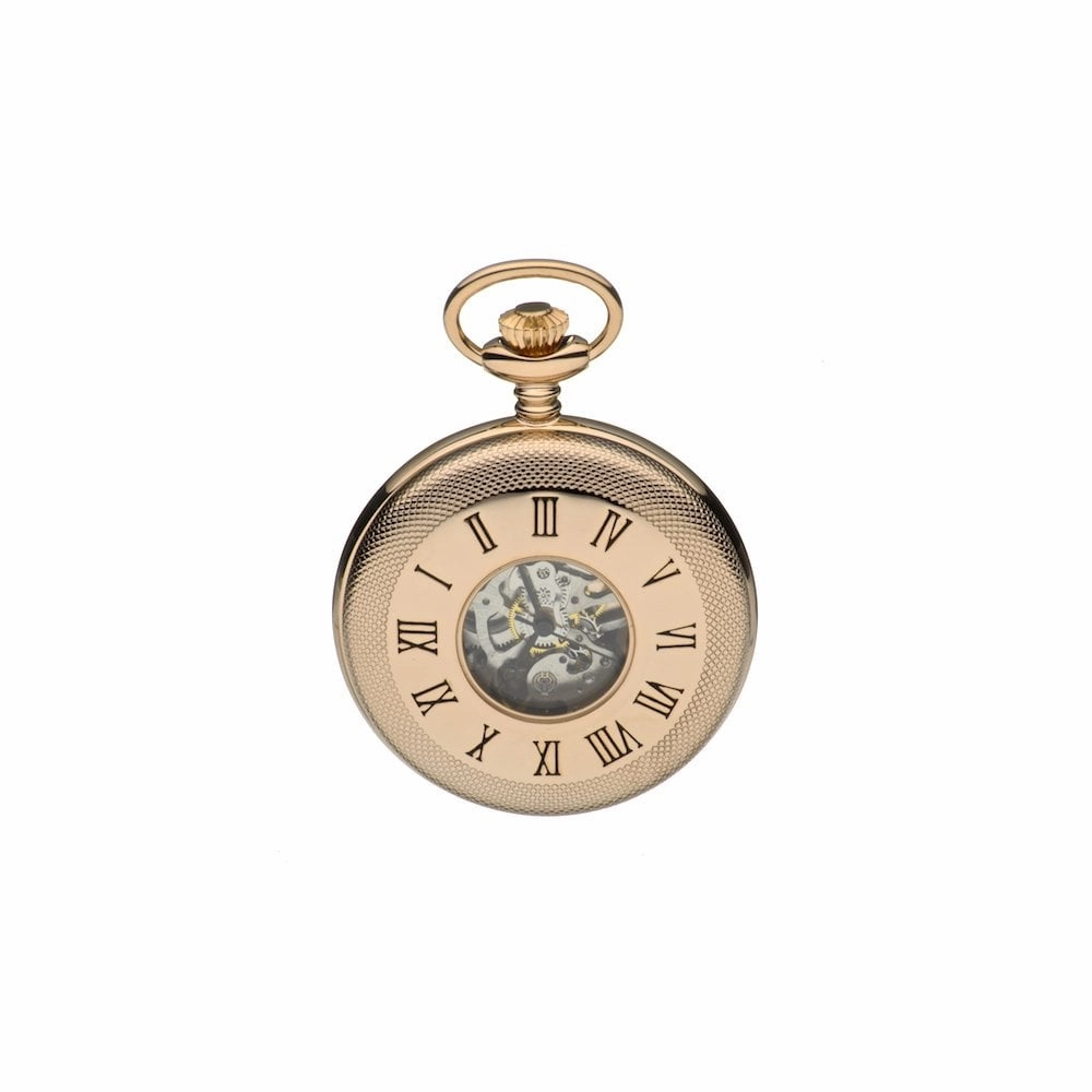 Mount Royal Rose Gold Plated Half Hunter Skeleton Dial Mechanical Pocket Watch MR-B45