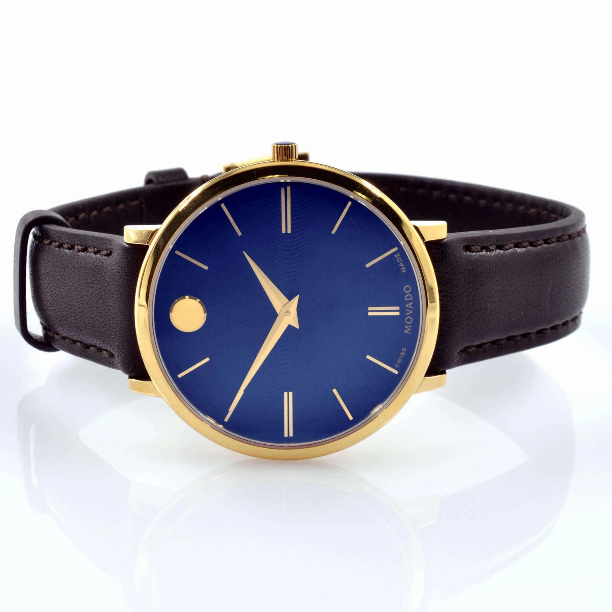 Movado 0607092 Women's Ultra Slim Swiss Yellow Gold Steel Chocolate Brown Strap Blue Dial Watch