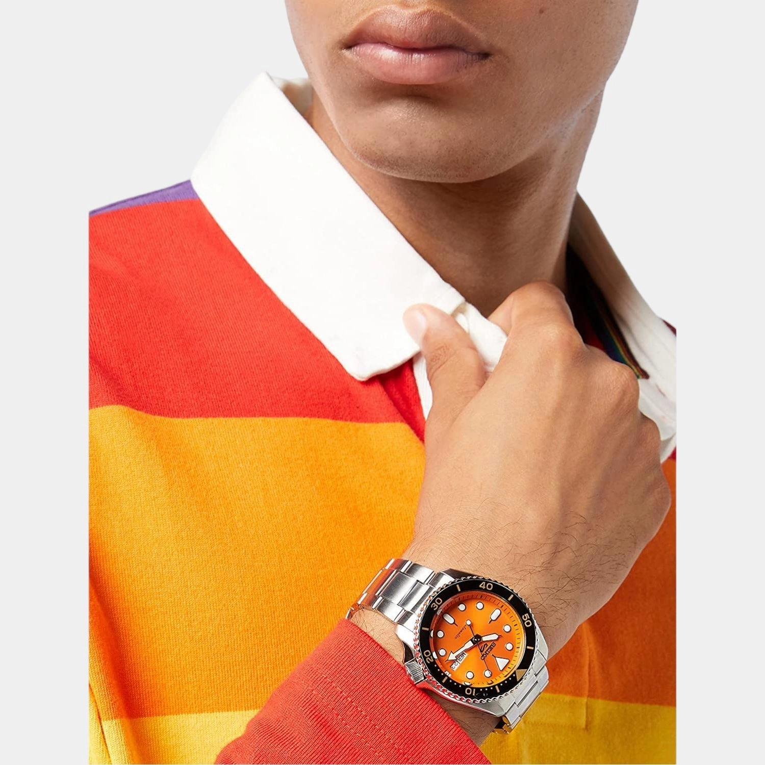 New 5 Sports Men Automatic Orange Dial Analog Stainless Steel Watch SRPD59K1