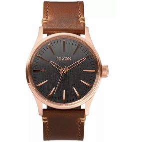Nixon Men's Watch - Sentry Quartz Rose Gold Case Grey Dial Leather Strap | A377-2001
