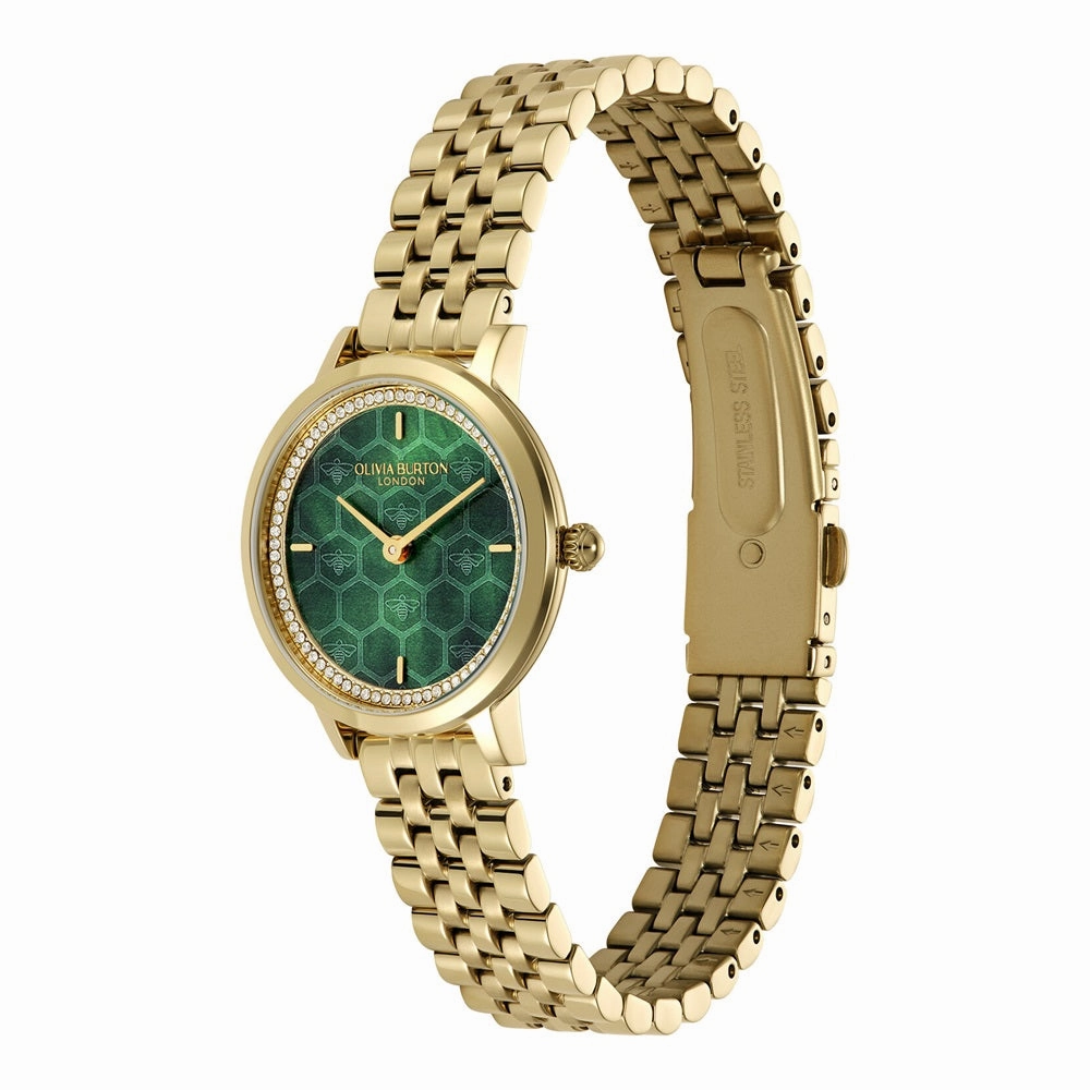 Olivia Burton Signature Honeycomb Ultra Slim Forest Green and Gold Watch 24000266