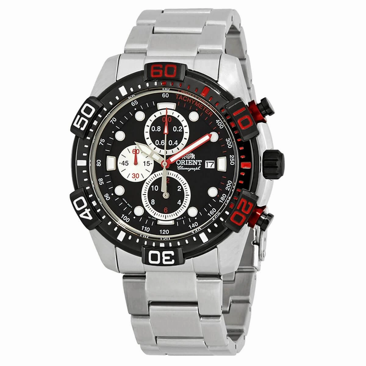 Orient Men's Chronograph Watch - Sport Black Dial Stainless Steel Bracelet | FTT16002B