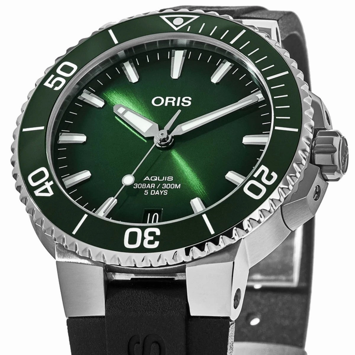 Oris Aquis Automatic Stainless Steel Green Dial Black Rubber Strap Date Divers Mens Watch 400 7769 4157-07 4 22 74FC