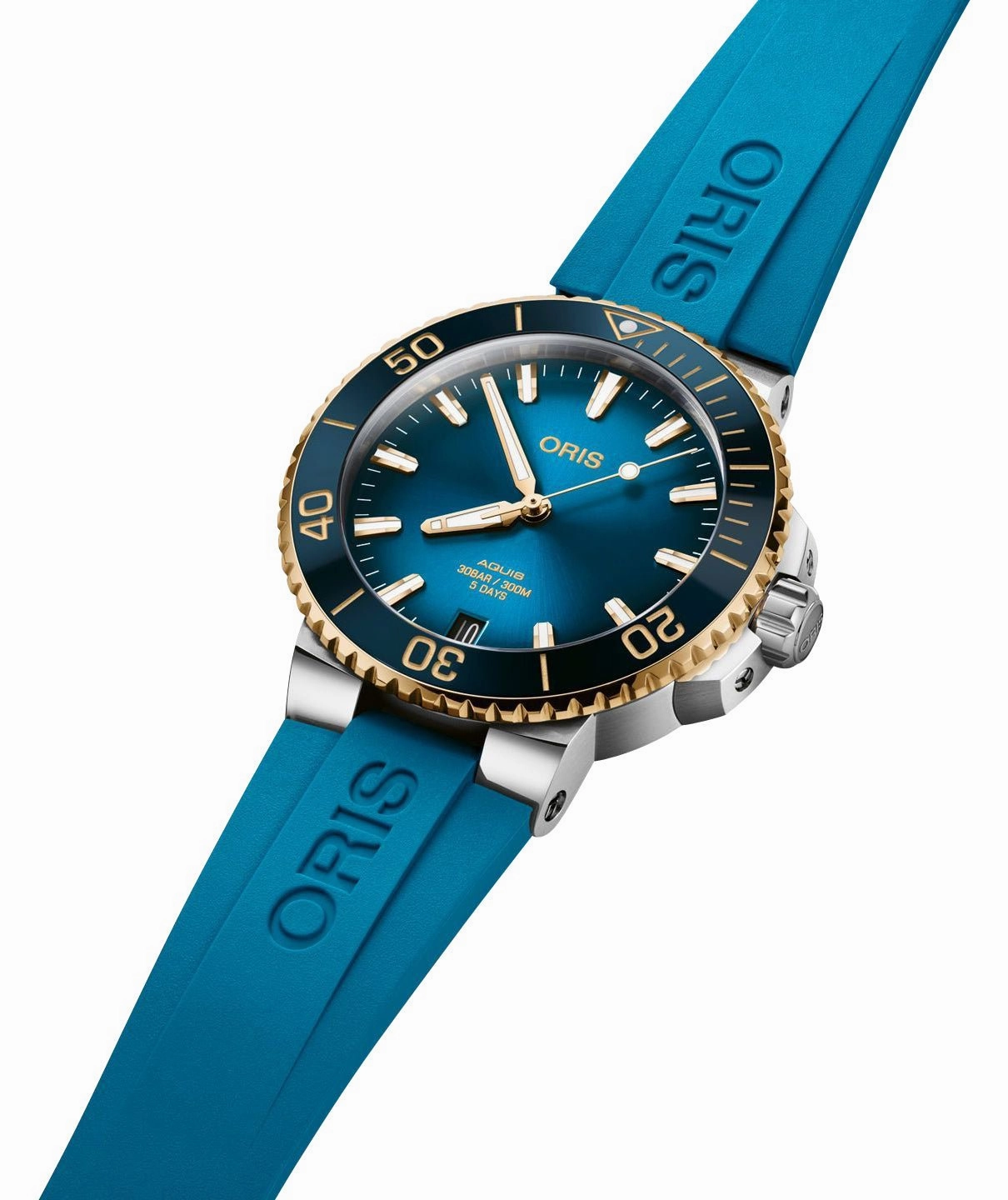 Oris Aquis Date Automatic Stainless Steel Blue Dial Blue Rubber Strap Divers Mens Watch 400 7769 6355-07 4 22 75FC