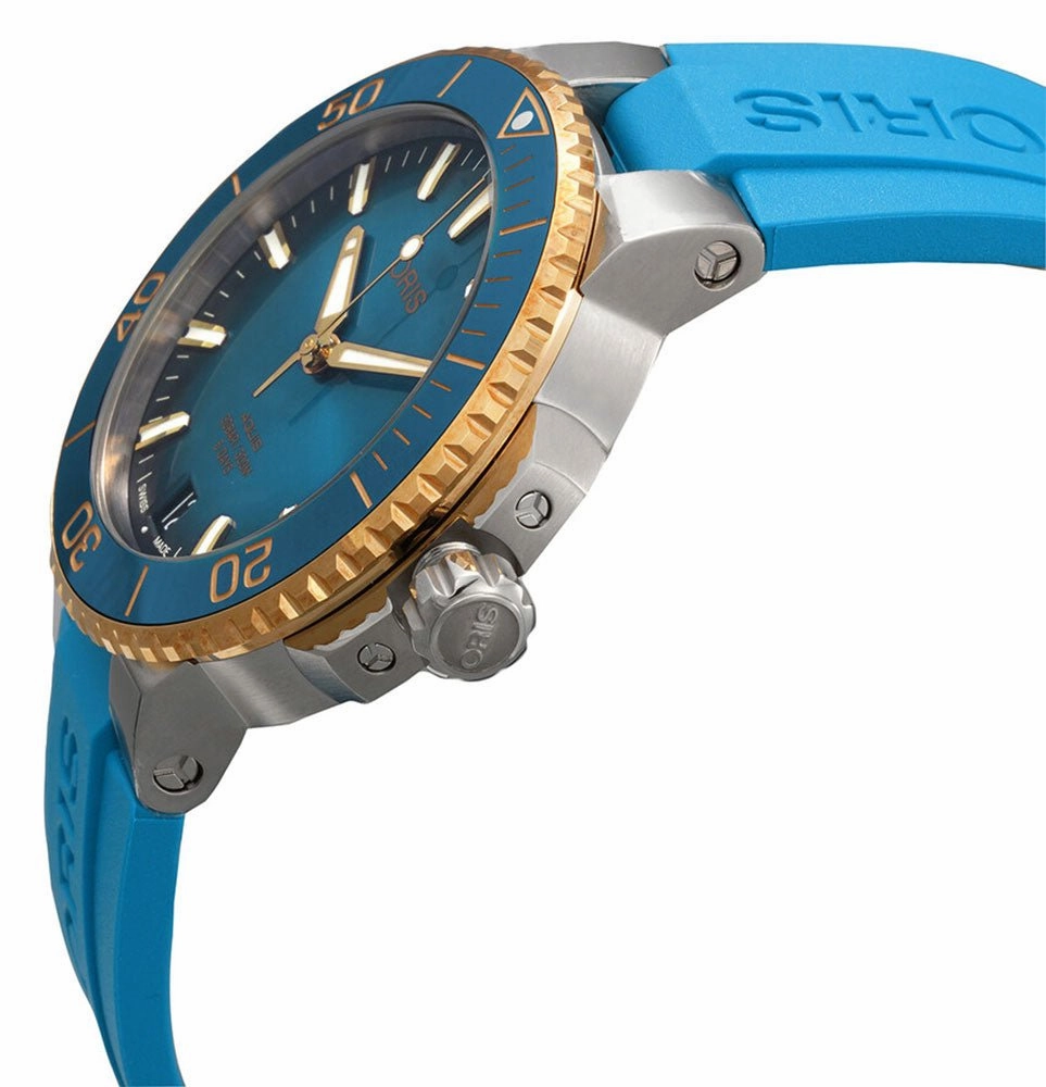 Oris Aquis Date Automatic Stainless Steel Blue Dial Blue Rubber Strap Divers Mens Watch 400 7769 6355-07 4 22 75FC