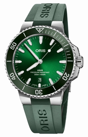 Oris Aquis Date Automatic Stainless Steel Green Dial Green Rubber Strap Divers Mens Watch 733 7787 4157-07 4 22 37FC