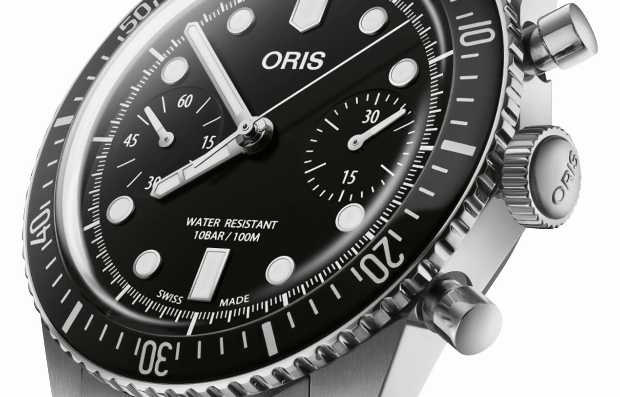 Oris Divers Sixty-Five Automatic Chronograph Stainless Steel Black Dial Black Leather Strap Mens Watch 771 7791 4054-LS