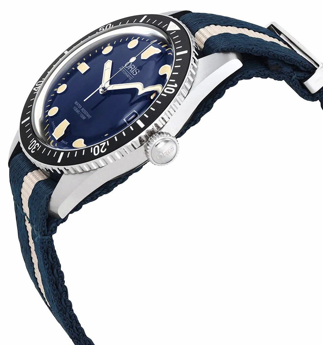 Oris Divers Sixty-Five Automatic Stainless Steel Blue Dial Blue/Beige Textile Strap Date Mens Watch 733 7720 4055-07 5 21 29FC