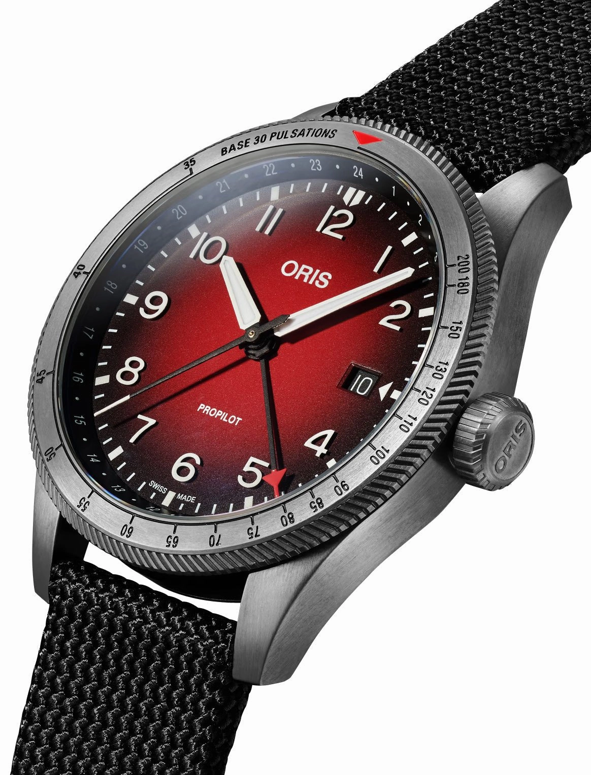 Oris ProPilot GMT Automatic Gray PVD Red Dial Black Textile Strap Date Mens Watch 798 7773 4268-07 3 20 14GLC