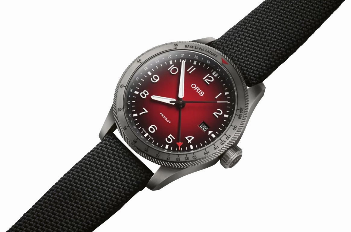 Oris ProPilot GMT Automatic Gray PVD Red Dial Black Textile Strap Date Mens Watch 798 7773 4268-07 3 20 14GLC