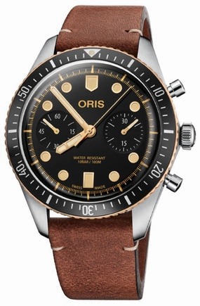 OrisDivers Sixty-Five Automatic Chronograph Stainless Steel Brown Leather Strap Black Dial Mens Watch 771 7744 4354-LS