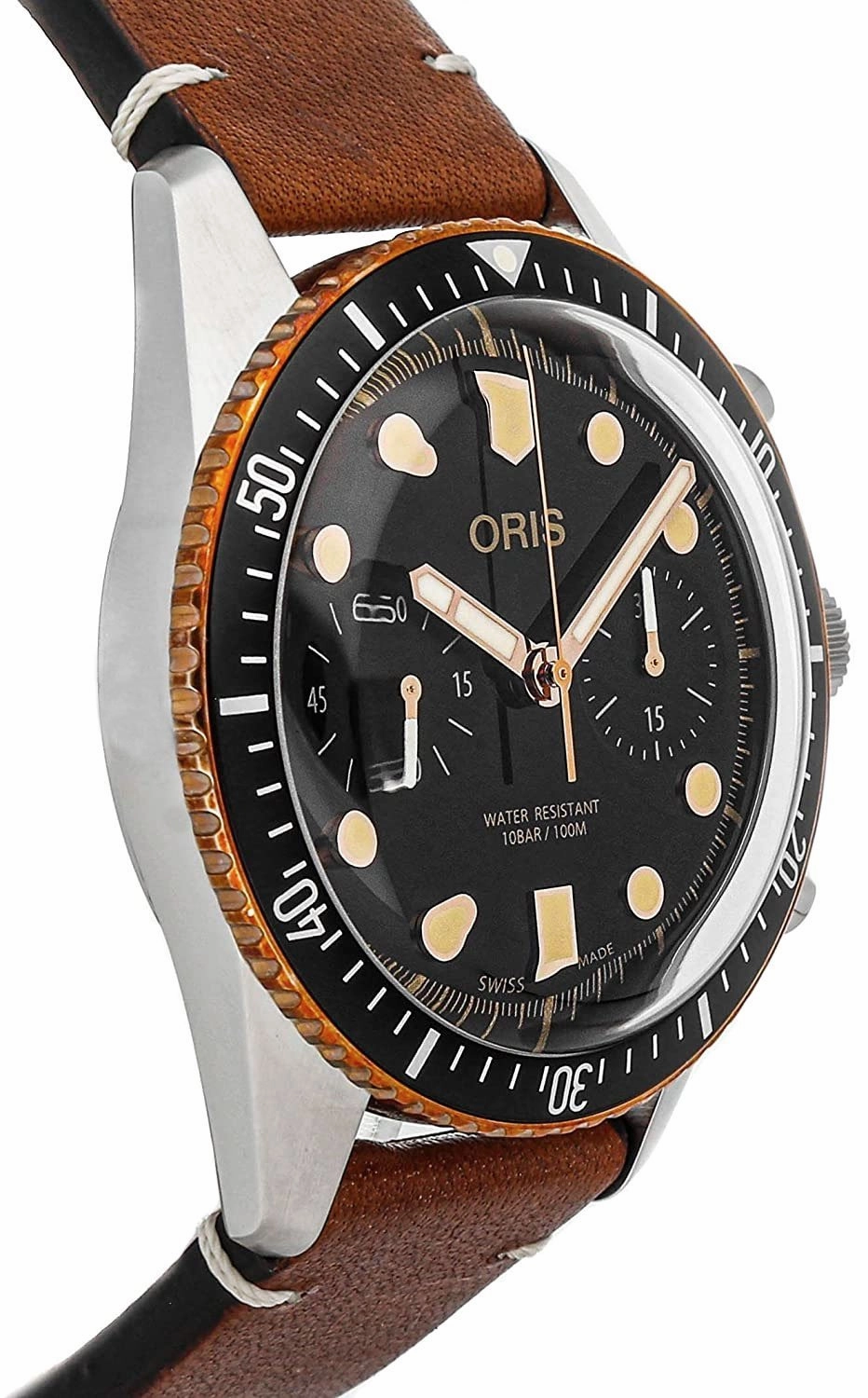 OrisDivers Sixty-Five Automatic Chronograph Stainless Steel Brown Leather Strap Black Dial Mens Watch 771 7744 4354-LS