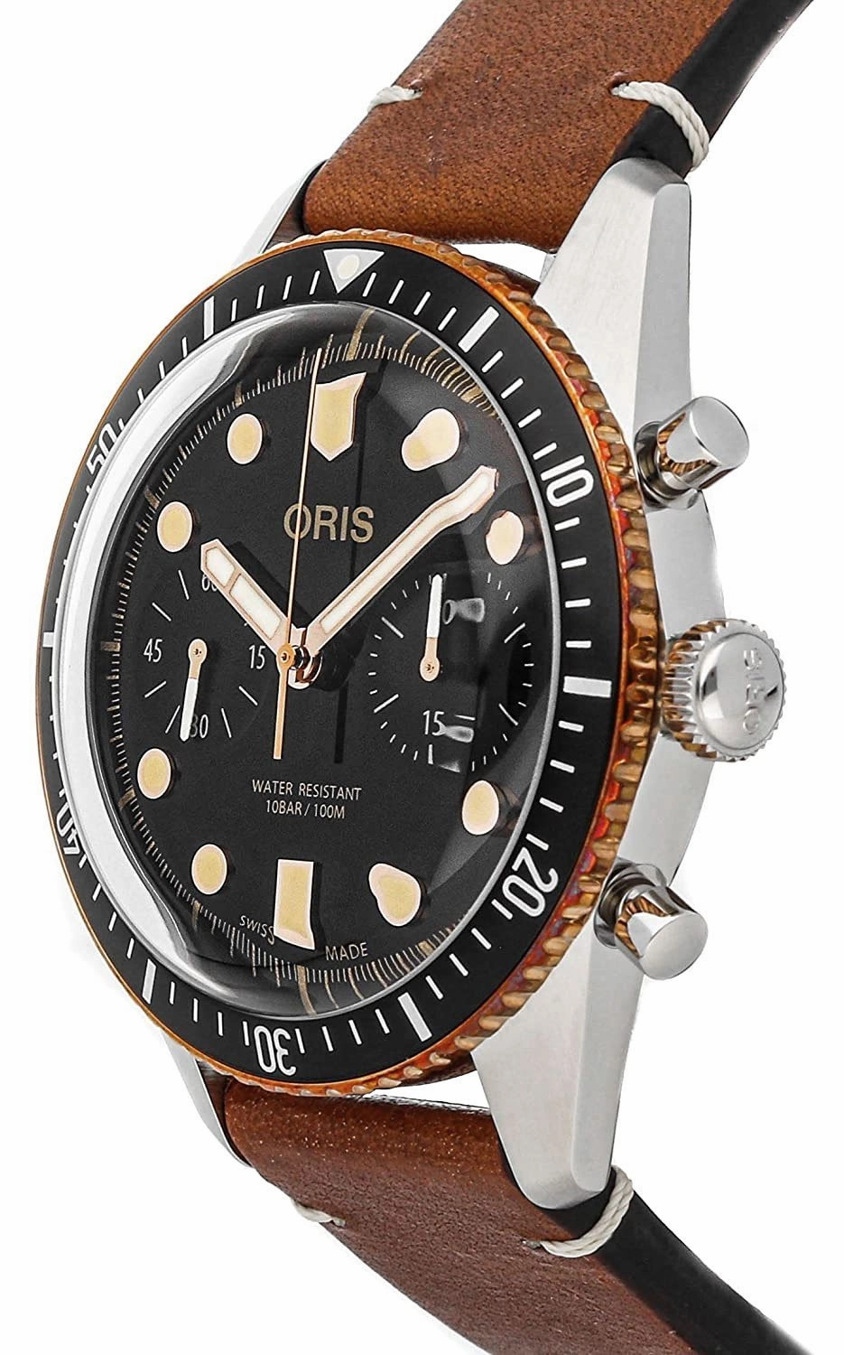 OrisDivers Sixty-Five Automatic Chronograph Stainless Steel Brown Leather Strap Black Dial Mens Watch 771 7744 4354-LS