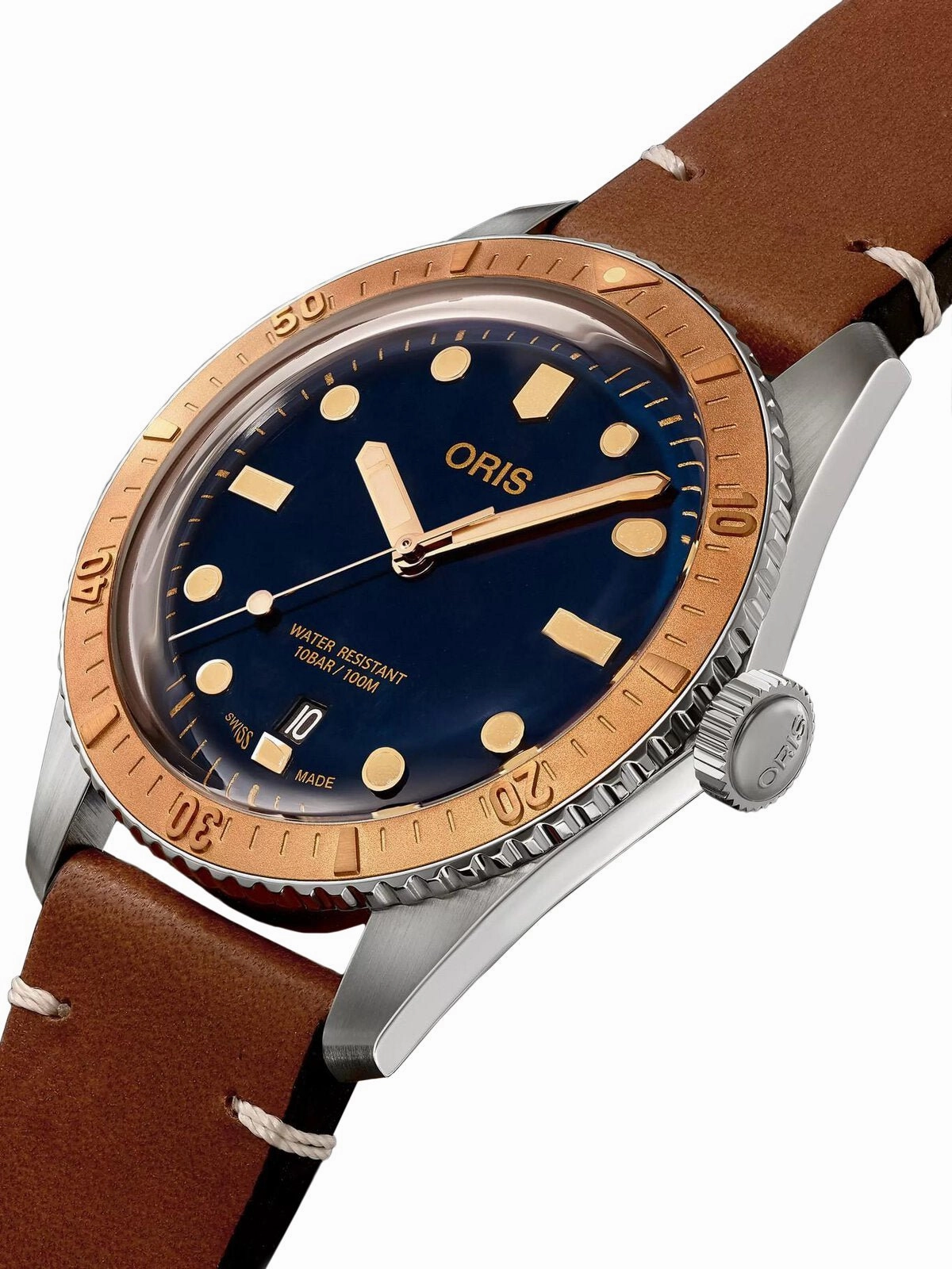 OrisDivers Sixty-Five Automatic Stainless Steel & Bronze Brown Leather Strap Blue Dial Date Mens Watch 733 7707 4355-07 5 20 45