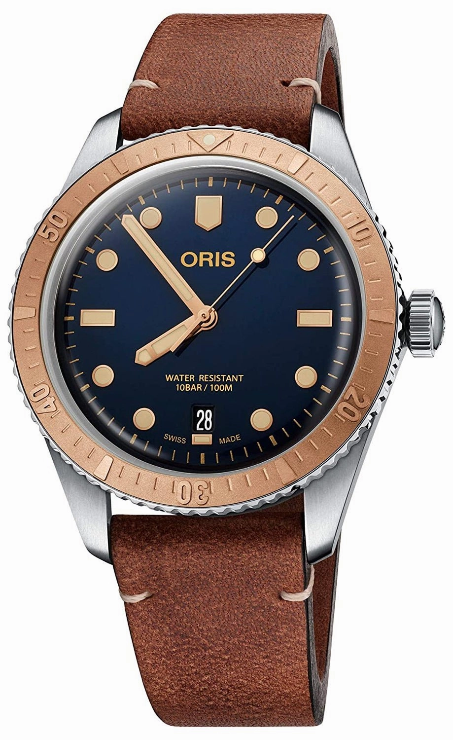 OrisDivers Sixty-Five Automatic Stainless Steel & Bronze Brown Leather Strap Blue Dial Date Mens Watch 733 7707 4355-07 5 20 45