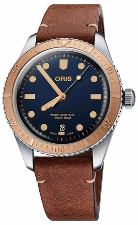 OrisDivers Sixty-Five Automatic Stainless Steel & Bronze Brown Leather Strap Blue Dial Date Mens Watch 733 7707 4355-07 5 20 45