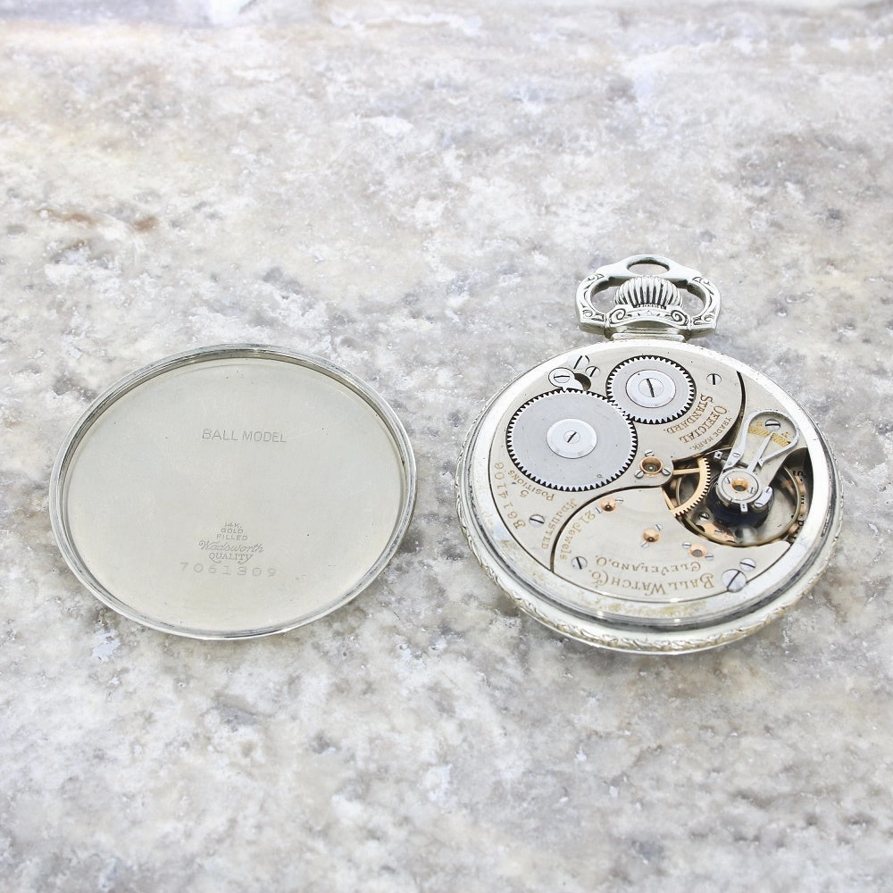 Pre Owned Ball Watch Co Cleveland Official RR Railroad 14ct White Gold Filled Pocket Watch RW0628