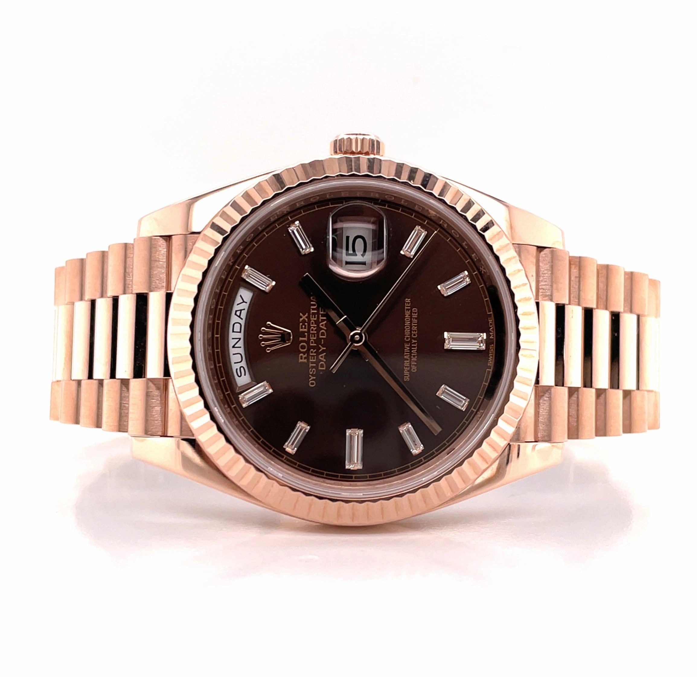 PreOwned Rolex Day-Date 40mm Everrose Gold 228235 Factory Chocolate Baguette Dial Box/Papers