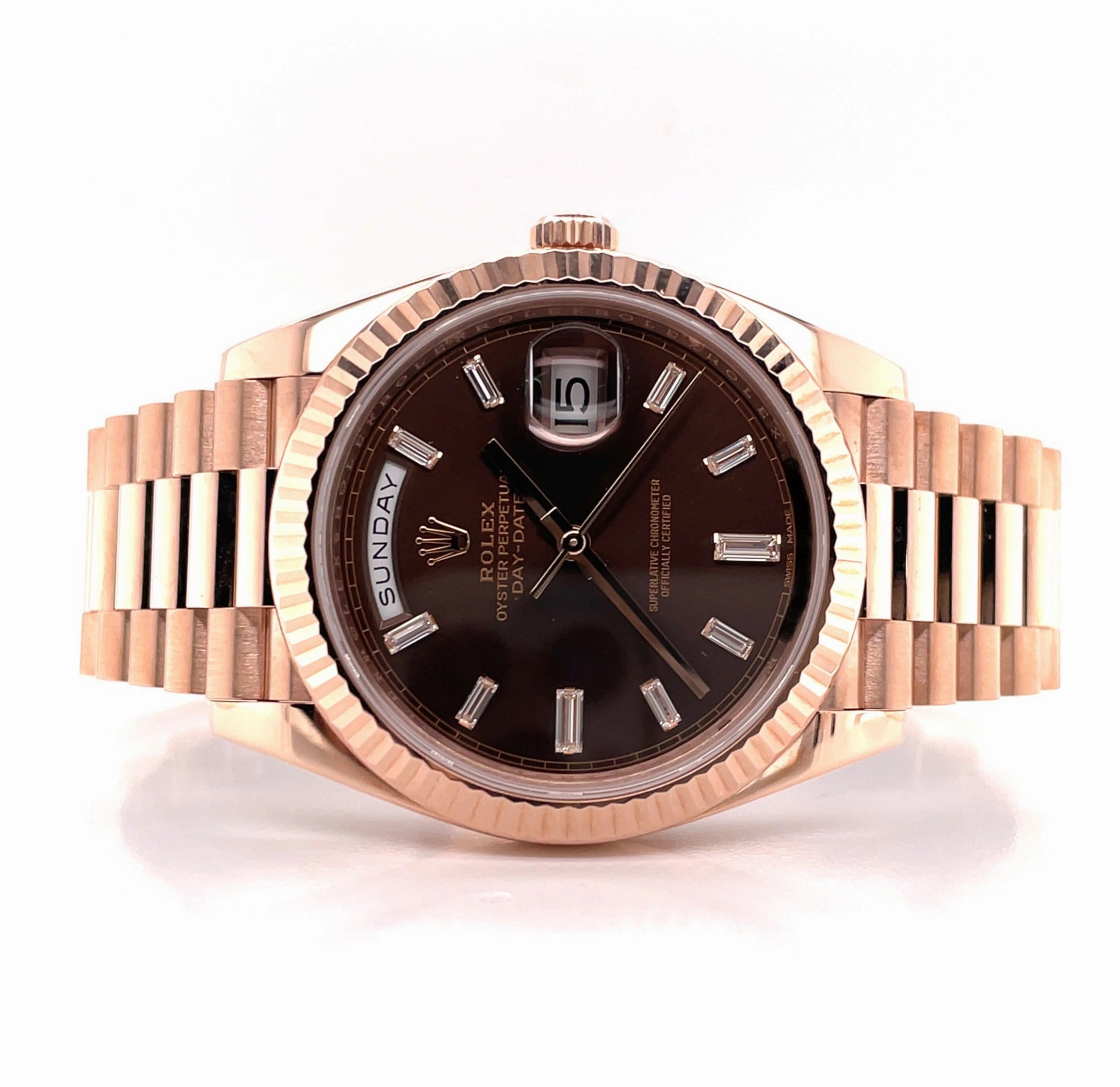 PreOwned Rolex Day-Date 40mm Everrose Gold 228235 Factory Chocolate Baguette Dial Box/Papers