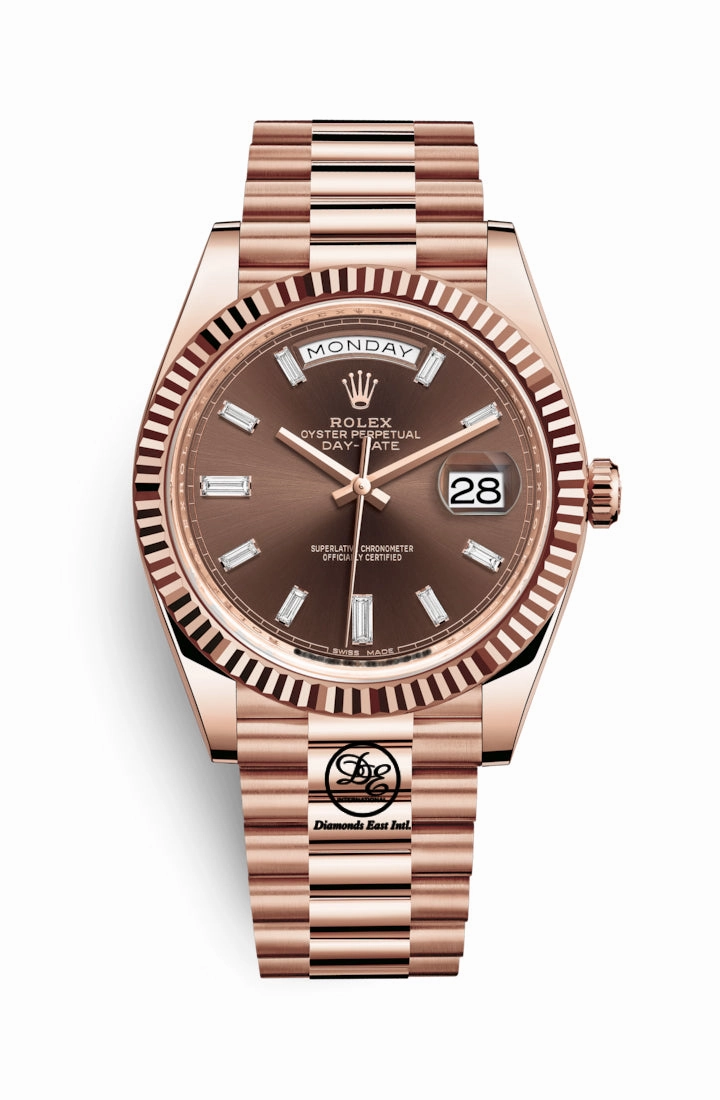 PreOwned Rolex Day-Date 40mm Everrose Gold 228235 Factory Chocolate Baguette Dial Box/Papers