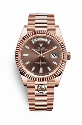 PreOwned Rolex Day-Date 40mm Everrose Gold 228235 Factory Chocolate Baguette Dial Box/Papers